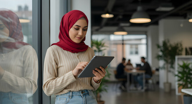 Young Muslim businesswoman using tablet in modern office smiling confident technology professional