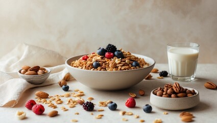 Dry granola in bowl. Breakfast, healthy diet food with milk in bottle, oats, nuts, banana, white table. Top view, copy space