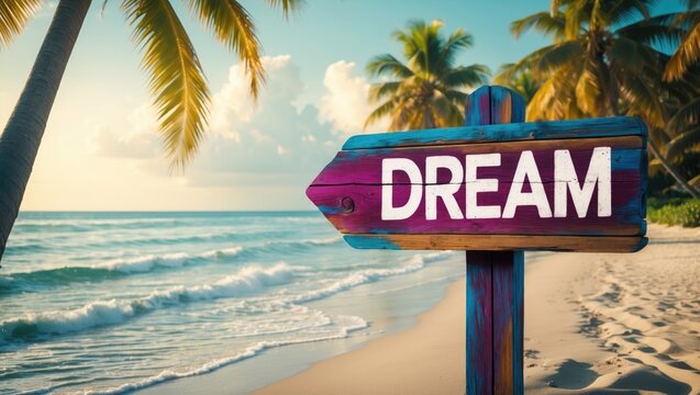 Dream wooden sign and blurry exotic beach background. Tropical scenery featuring coconut palm trees and white sand beaches. Paradise-themed banner background. - Powered by Adobe