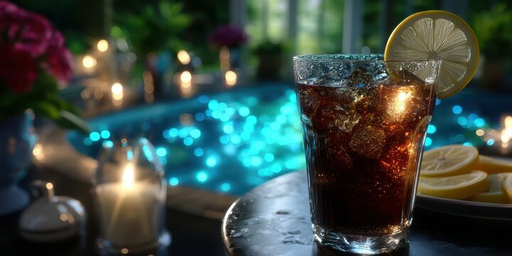 Refreshing drink served at night near a glowing pool surrounded by flowers and candles