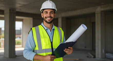 Smiling Construction Engineer Reviewing Blueprints at Building Site Happy Worker Safety First
