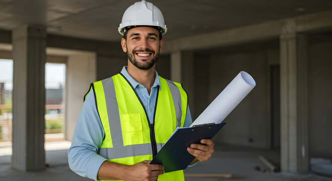 Smiling Construction Engineer Reviewing Blueprints at Building Site Happy Worker Safety First