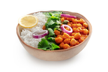 Chana masala, chickpea curry, traditional Indian dish, isolated on a white background