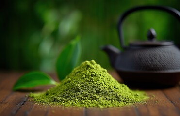 Vibrant green matcha powder pile with whole tea leaves and traditional teapot in background, organic culinary ingredient for healthy beverages and baking, natural texture.​