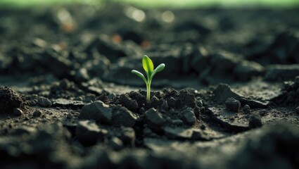Dry cracked soil with a small green sprout emerging from the ground symbolizing resilience, growth, new beginnings, and environmental issues.