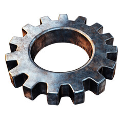 A metal gear with a worn surface. The gear is in the center of the image and surrounded by a white background