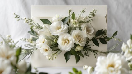 Floral wedding invitation card template design, featuring white flowers with leaves.