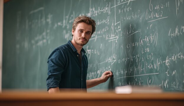 A man writes complex math equations on a chalkboard in a classroom