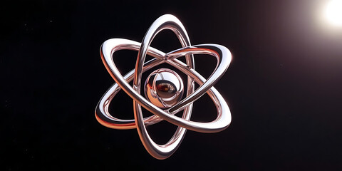 3D Metallic Atom Model with Orbiting Electrons on Dark Background

