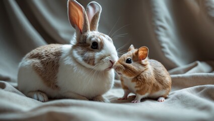 Fluffy white angora rabbit and teddy bear hamster on a brown background, with selective focus.