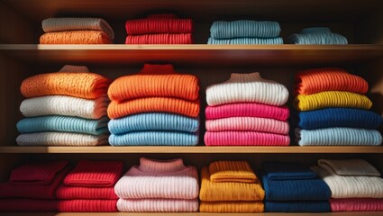Vivid folded sweaters on shelves serving as the background
