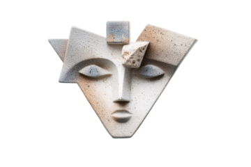 Abstract modern sculpture featuring a geometric face design