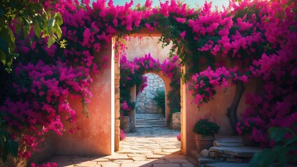 Fototapeta premium Colorful and vibrant flowers, lush in red and pink, blooming at a sunlit wall entrance.