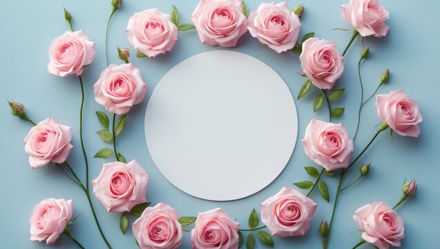 Flowers composition. Pink rose wreath on blue background. Flat lay, top view, copy space.