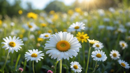 Fototapeta premium Wide background of chamomile flowers field under sunlight, featuring camomile in nature and a sunny day filled with camomile daisy flowers during summer.