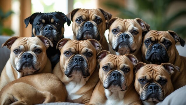 Group of flat muzzled dogs pack