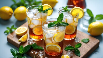 Fototapeta premium Flat lay arrangement featuring appealing iced tea drinks.