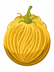 Illustration of a whole spaghetti squash with a green stem and tendrils showcasing its unique stringy flesh perfect for healthy recipes and autumn harvest themes