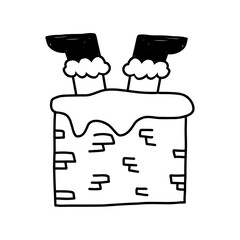 Santa Claus legs stuck in chimney, cartoon doodle vector illustration isolated on white background. Cute Christmas outline drawing.
