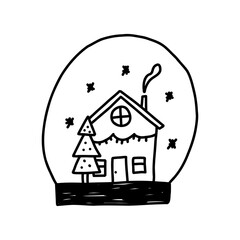 Cute snow globe with snowy house inside, cartoon doodle vector illustration isolated on white background. Winter and Christmas decoration outline drawing.