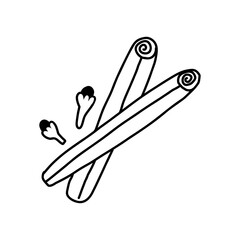 Cinnamon sticks and cloves in hand drawn doodle style, vector illustration isolated on white background. Aromatic spices cartoon outline drawing.