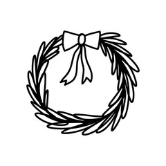 Hand drawn hanging wreath with bow, cartoon doodle vector illustration isolated on white background. Cute Christmas wreath.