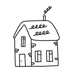 Hand drawn house with chimney, cartoon doodle vector illustration isolated on white background. Outline building drawing.