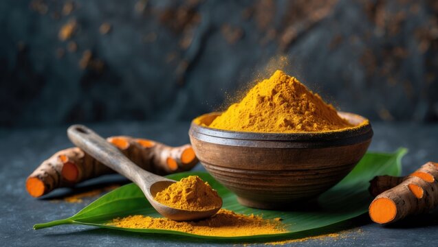 Flat lay (top view) of turmeric powder and fresh turmeric (curcumin) on a black background, spices, copy space