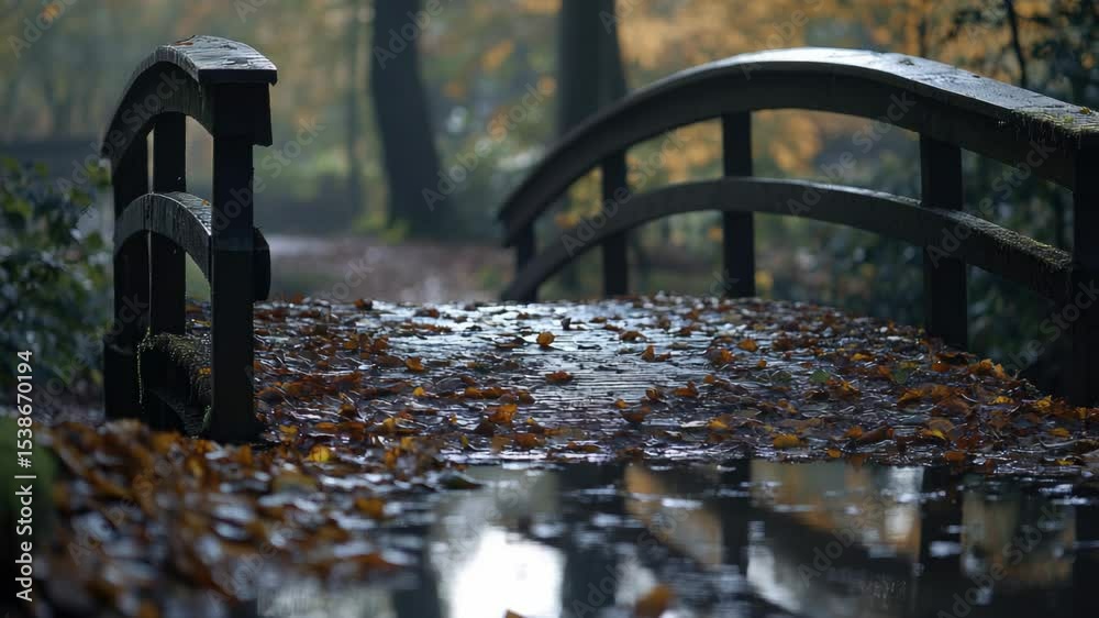 Poster a simple wooden bridge spanning a small puddle of water, suitable for use in outdoor or nature-theme
