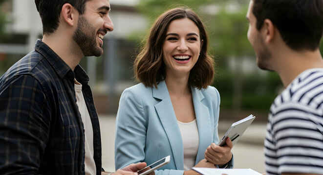 Happy colleagues collaborating outside office teamwork success business meeting friends communication