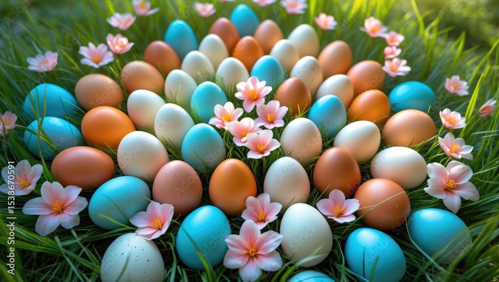 Poster easter eggs scattered on the grass as part of the easter concept.