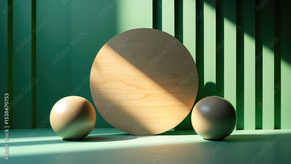 Poster Geometric wooden podium set against an abstract green background with palm leaf shadows, serving as a backdrop for product presentation and an empty showcase.