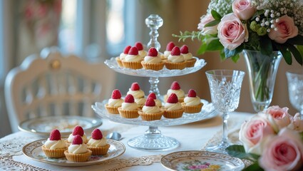 Obraz premium Elegant table setting showcasing tarts and floral centerpieces.
