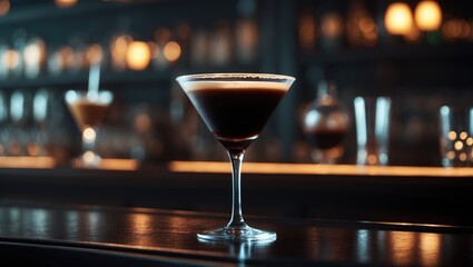 Elegant glass holding an espresso martini cocktail on a blue background; luxury drink at the bar with decorative elements