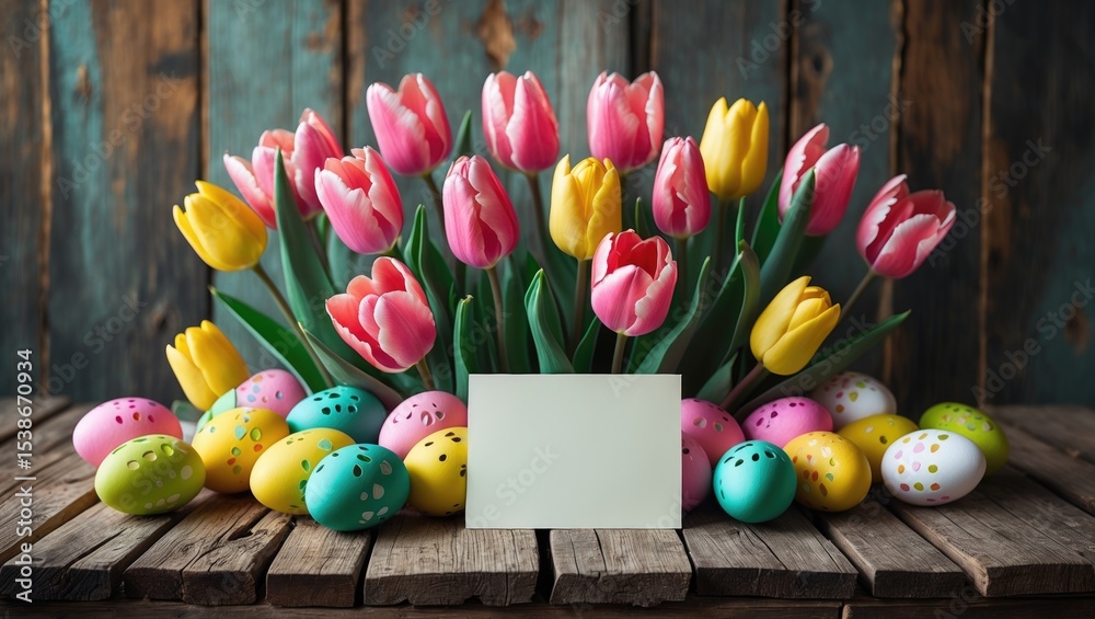 Poster holiday card featuring easter eggs and tulips with ample copy space on a wooden background.