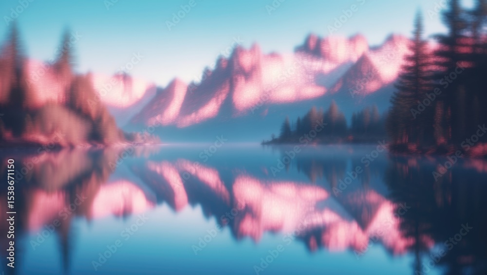Poster blurred background of a calm scene illustrating the tranquil reflection of rocky peaks on a peaceful