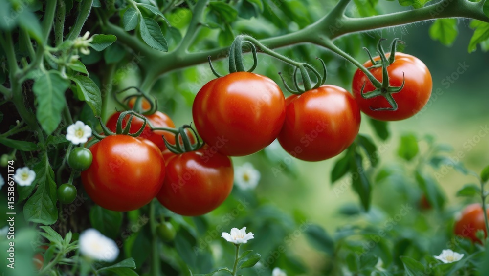 Poster vibrant red tomatoes on the farm suitable for web design and decoration, fresh and ripe tomatoes har