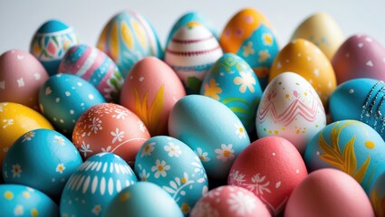Easter eggs displayed on a white background. The Easter concept. An overview.