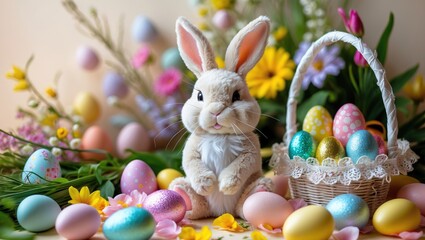 Easter scene featuring a Rabbit along with decorated eggs and flowers.