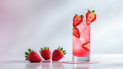 Berry Blush Cocktail isolated on white. A tall drink for serving. Ingredients include 5 fresh strawberries, 8-10 ice cubes, 1 vodka, 1 cranberry juice, 1 tsp sugar cane syrup, and 1 1/2 soda water.