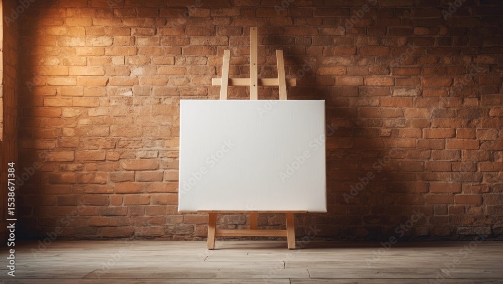 Poster easel featuring a blank canvas set against a brick wall background.