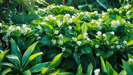 Fototapeta premium Bright green foliage of Beach naupaka Scaevola Taccada with small white flowers on a natural background, flourishing in a lush, sunlit setting. Exotic tropical plant with floral texture.
