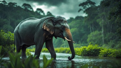 Fototapeta premium Elephant in the wild during rainy weather in the country of Sri Lanka
