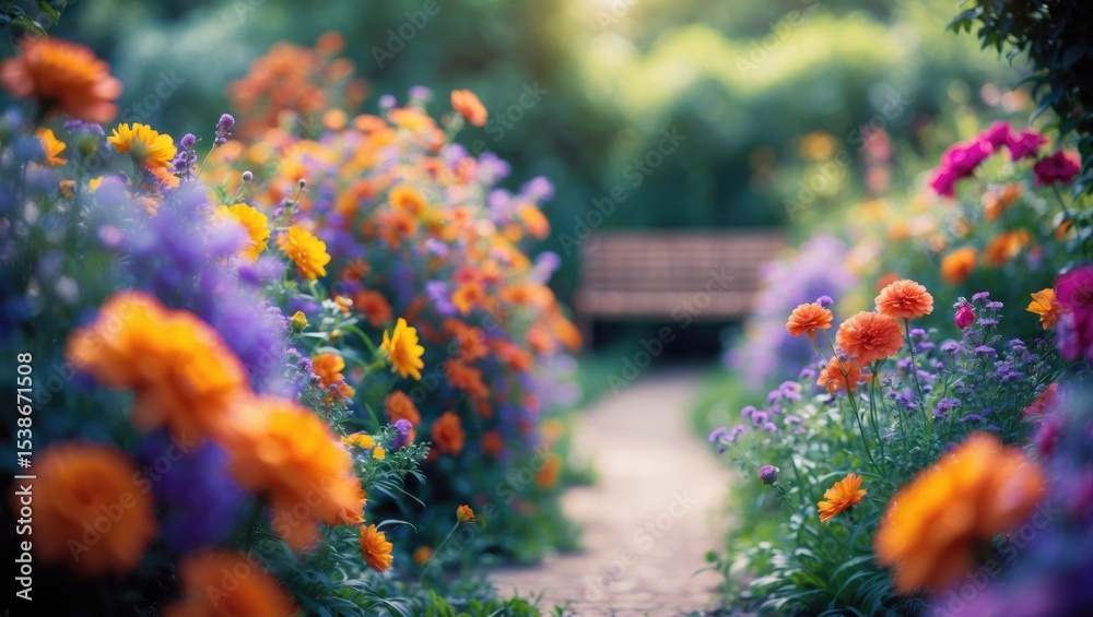 Aufkleber Blurred Background of a Tranquil Garden Pathway Encircled by Colorful Flowers and Dense Greenery in a Sun-Dappled Forest Environment. Blurry Background for Design Projects.