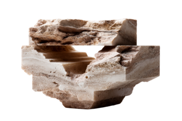 Stone sculpture with layered textures on a clear background