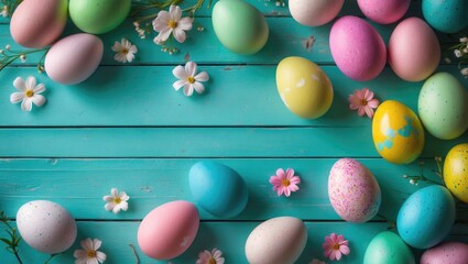 Obraz premium Top view frame of Easter eggs on a bright blue background