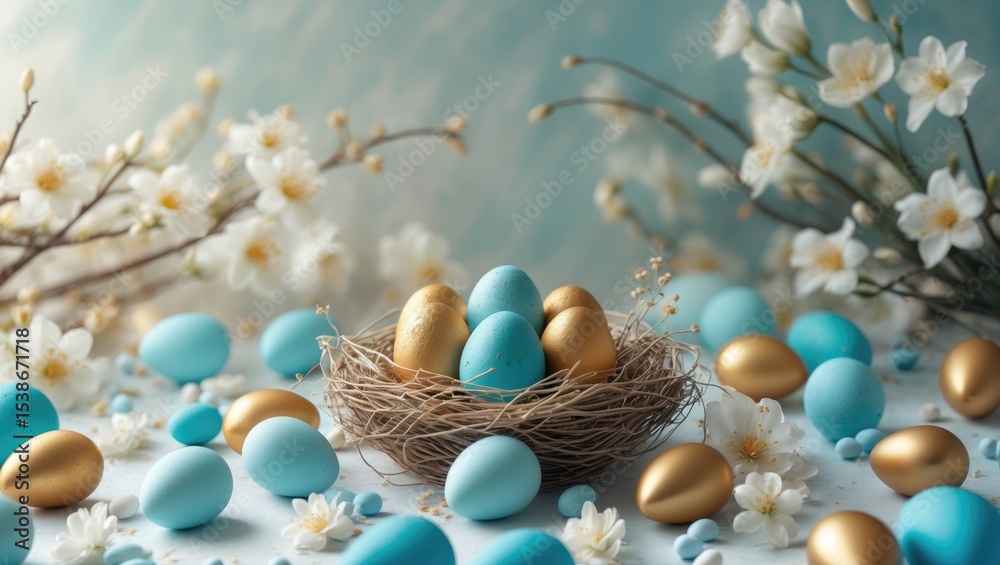 Poster easter eggs with blossoms and spring flowers arranged in a nest on a white background. natural easte