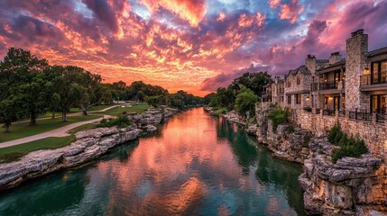 Fototapeta premium Panoramic view of a river at sunset, with buildings on the far bank