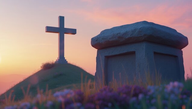 Easter concept: An empty tomb with a cross against a sunset background.