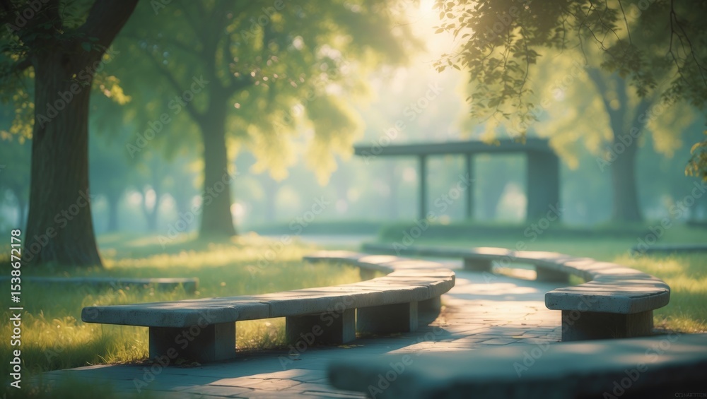 Poster blurred background of tranquil outdoor garden space featuring elegant benches and lush greenery with